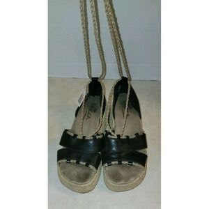 Sbicca Espadrille Womens 9M Black Round Toe Laced Up Wedge Heel Casual Suede